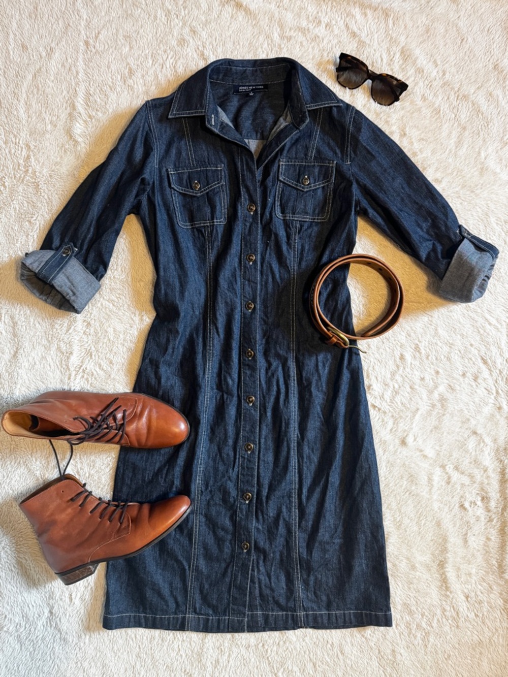 Denim Shirt Dress with Rolled Up 3/4 Sleeves